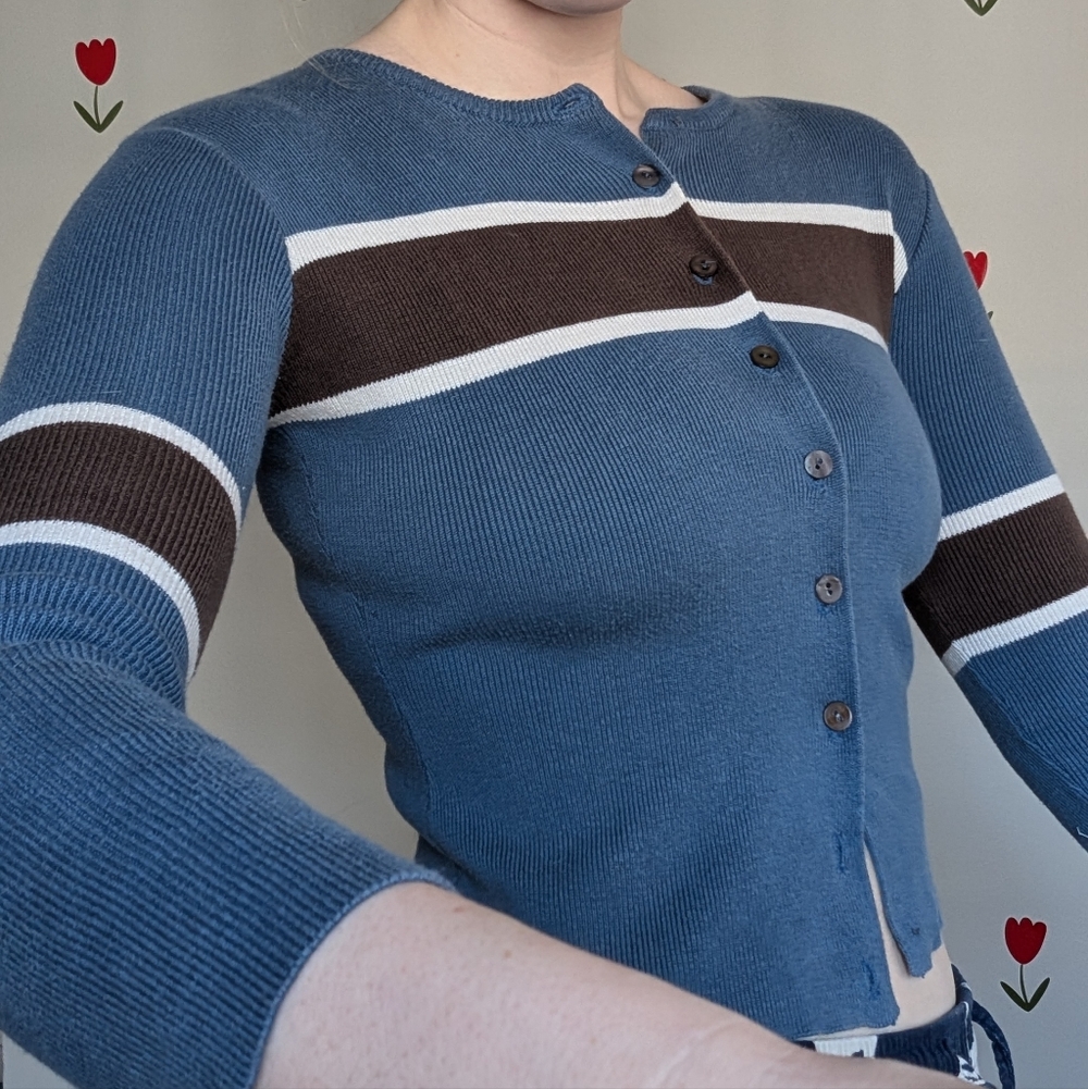 vintage bp Blue Ribbed Button Cardigan with Brown and White Stripes